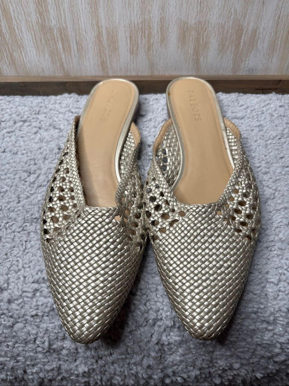 Talbots Women's Gold/Champagne Metallic Woven Mule Flats Slip-On Pointed Toe Siz